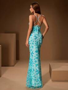 Vestido elegante y sexy para damas con lentejuelas, cuentas bordadas, vestido largo sin espalda adecuado para fiestas de moda, bodas y cenas - Azul - Ver 2