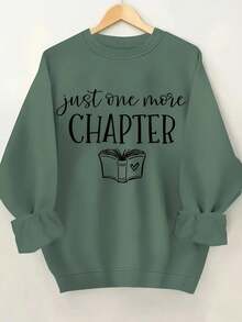 2025[Bright Pink Book Lover Sweatshirt] Soft Stretch Polyester Bright Pink "Just ONE MORE CHAPTER" Book Lover Graphic Crew Neck Sweatshirt| Casual Regular Length Pullover For Women, Autumn/Winter Casual Attire, Cozy Autumn Apparel, Playful Print, Durable FabricSoft And Breathable - 軍綠色 - 查看 11