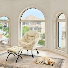 Armchair With Stool, Relaxing Armchair With Armrests, Side Pocket And Footrest, Living Room Armchair, TV Chair, Wingback Armchair For Living Room, Bedroom, Office (Khaki) - Beige + Fabric+Metal - View 11