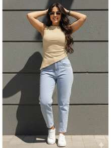Women's Asymmetrical Ribbed Plain Blouse Summer 2025 | Sophisticated Casual Fashion Basic Look - 米色 - 查看 2