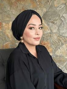 قبعة توربان كلاسيكية بلون أحادي للنساء، مرنة للغاية، بتصميم منقوش، مانعة للانزلاق، قابلة للتنفس، وشاح رأس منقوش متعدد الطبقات، يتناسب بشكل مثالي مع الحجاب، مصنوعة من قماش مودال محبوك ناعم وممتاز للارتداء اليومي - الأسود - مشاهدة 3