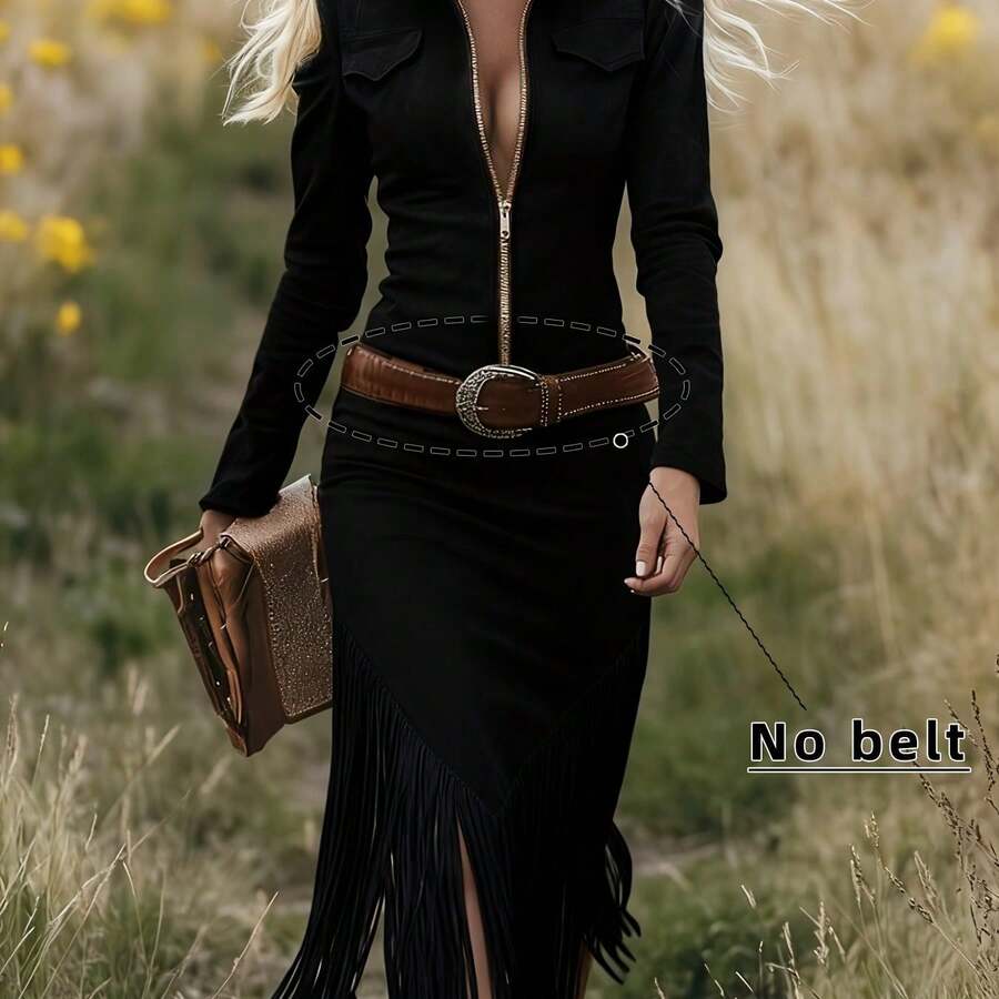 Vintage Western Deer Lapel Zipper Dress - Niannian - màu đen - Xem 1