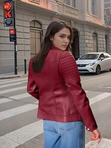 Giolshon 女士秋冬 PU 皮革夹克，街头风格设计，带拉链口袋，适合城市通勤和旅行，兼具时尚与实用性。 - 紅色 - 查看 3