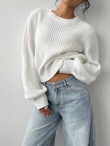 Vuslat 女士宽松白色毛衣，休闲圆领长袖套头衫，优雅休闲外出上衣，街头风，基础款上衣 - 白色 - 查看 7