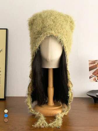 Gorro de punto con orejas de gato de colores lindos para mujer, sombrero de cubo de punto de unicolor con pompón tipo bruja, sombrero trampero de punto trenzado con orejeras, sombrero de cubo de punto hecho a mano versátil con cordón