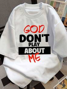 1 pieza de camiseta estampada para hombre - "God Don't Play About Me", camiseta casual de cuello redondo y manga corta para ropa urbana, ajuste cómodo para todas las estaciones.  
 -Black18 - Blanco - Ver 2