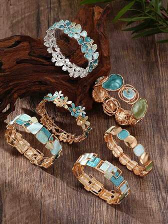Cring Coco 1 pièce Bracelet élastique bohème à la mode, émail bleu lac, motif géométrique floral, convient pour le port quotidien, les bals, les fêtes, les vacances, les festivals de musique, Noël, la Saint-Valentin. Accessoire de bijouterie cadeau