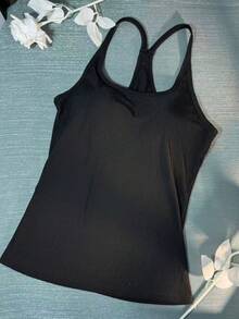 女士无袖加垫吊带背心，薄款弹力针织吊带背心，简约风格夏季服装 - 黑色 - 查看 7