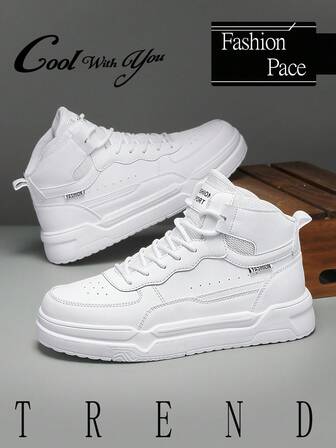 Zapatillas casuales de malla de unicolor versátil con estampado de letras en el frente y cordones para hombres, zapatos casuales de pareja de moda para exteriores y calle con diseño de corte alto