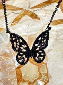 1pc Y2K Chic Gothic Style Black Crystal Hollow Butterfly Clavicle Chain Necklace, Versatile For Dates, Street Style, Parties And Daily Outfits - Black - View 6