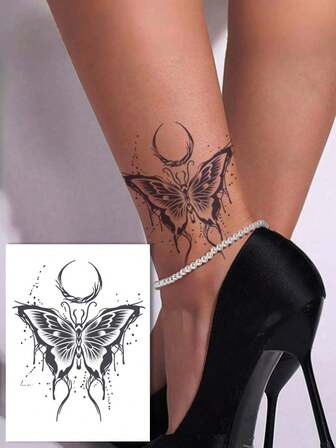 1pc Herbal Paper Lasting Temporary Tattoo, Fashionable Butterfly & Moon Design Tattoo Sticker, Arm/Leg/Chest Fake Tattoo, Realistic Long-Lasting Non-Reflective Tattoo Paper, Multipurpose Unisex Body Art Waterproof Sweatproof, Suitable For Arm, Back, Leg, Neck - Herbal Extract Juice Tattoo Sticker Looks Like Real, Easy To Apply, Lasts 7-14 Days On Skin