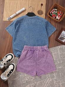 LQTY 棉质，夏季女装纯色街头时尚，韩版舒适复古基础时尚通勤百搭 Y2k 服装女装，适合户外休闲，常规小众朋克风格牛仔蓝+紫色修身圆领短袖水洗 T 恤短裤两件套 - 彩色 - 查看 2