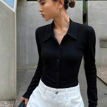 Livesso Blusa de punto acanalado con botones, ropa de otoño para mujer de manga larga - Negro - Ver 6