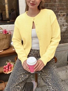 Women's Casual Solid Color Single Breasted Cropped Cardigan, Butter Yellow - Yellow - View 5