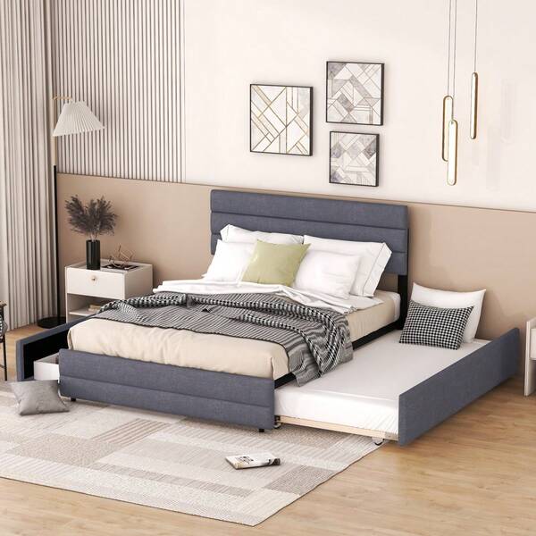 Platform Bed 140 X 200 With Space Frame For Two People And Two Drawers, Grey