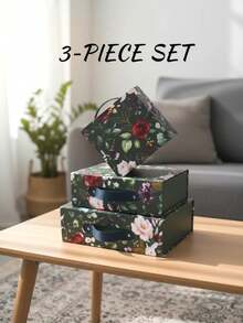 Scatola regalo rettangolare da tre pezzi, 2396, motivo floreale verde scuro