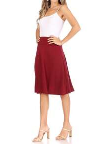 Elegant Casual Midi Skirt With Foldable Waist And Stretch Fabric Comfortable Everyday Fit - 酒紅色 - 查看 4