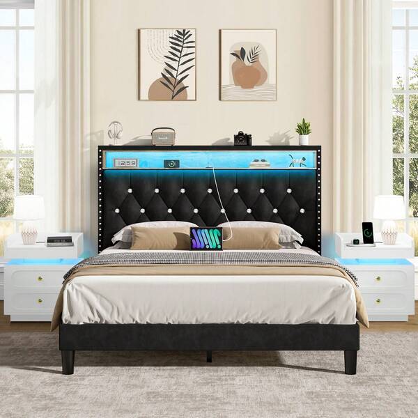 3-Pcs Bedroom Furniture Set, LED Bed Frame With Storage Shelf Headboard, Nightstand Set Of 2 With Charging Station, No Box Spring Needed, Easy Assembly, White/ Black Bed Frame, White/ Black Nightstands, Full/ Queen/ King Size Bed Frame ( USB LED Strip)