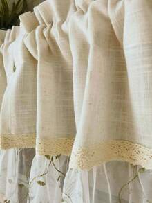 1件粉色花卉刺绣半透明亚麻咖啡帘，复古农舍风格短窗帘，适用于厨房、餐厅、客厅窗户，杆袋式顶部