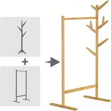 2-In-1 Wooden Coat Stand | Bamboo Display Rack With 8 Hooks | Versatile Hallway Clothes Hanger | Free-Standing Jacket, Hat & Handbag Organiser - Default - View 3