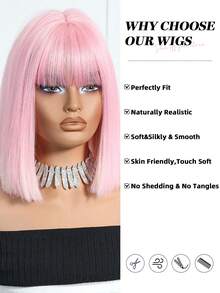 14英寸粉白渐变色合成假发，带刘海，耐热，外观自然，适合女性日常佩戴、派对和角色扮演。（请注意佩戴和保养说明。由于拍摄时的光线和角度原因，实际产品颜色可能与图片略有不同。） - 粉色 - 查看 7