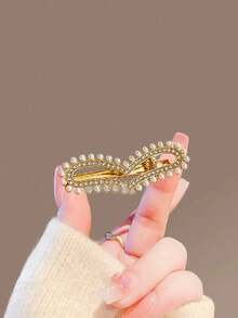 1pc Minimalist Versatile Elegant Pearl & Rhinestone Heart Shaped Hair Clip, Suitable For Bangs & Daily Use - Gold - View 5