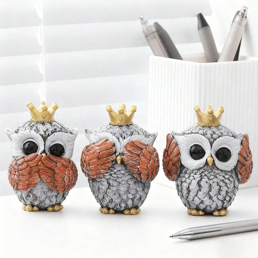3 Pcs Creative Mini Owl Ornament Adorable Animal Resin Statues for Home Party Room Tabletop Decor - Amarillo - Ver 1