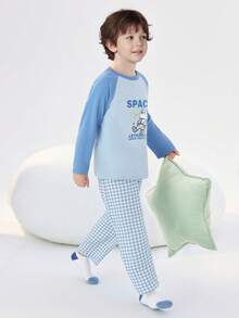 Balabala Tween Girl 2025 Spring New Cotton Colorblock Top & Plaid Pants Pajama Set - Blue Tint - View 3