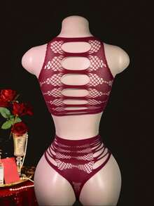 Set de 2 piezas de lencería con mono de encaje sexy - Burdeos - Ver 4