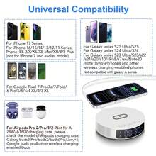 2-In-1 Wireless Charger With Time Display And Alarm Clock Function, Suitable For Bedroom Or Desk, Charging Base Compatible With IPhone 17/16/15/14/13/12/11 Pro Max/Mini/Plus/XR/XS/X/8, Compatible With AirPods 2/3/4/Pro/Pro 2, Compatible With Samsung S25/S23/S22/S21/S20, Galaxy Buds - White - View 3