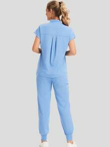 Women's V-Neck Pocket Top And Sports Pants Set, Stretchy Care Uniform Set, Work Uniform, Multi-Pocket Design - Baby Blue - View 3