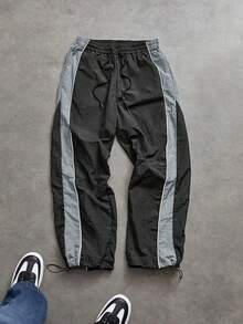 Men's Colorblock Patchwork Sweatpants, Drawstring Waist Loose Straight Leg Pants For Gym Workout Training Running Outdoor Casual Daily Wear, Spring Autumn Black - Black - View 7