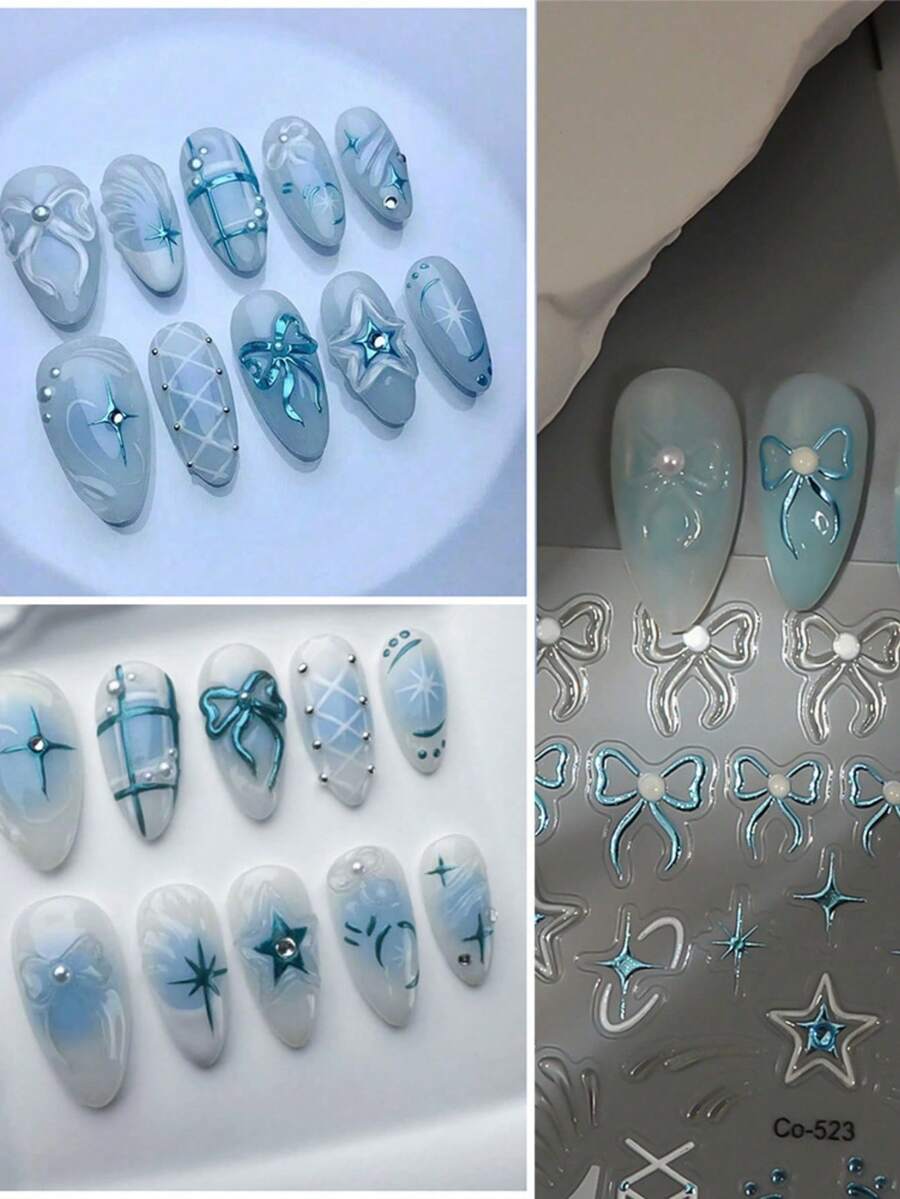 1 Pc 5D Embossed Flower Nail Stickers Colorful Floral Petals Design Nail Art Decals Acrylic Self-Adhesive Slider Decoration For Women's Decoration In Autumn And Winter - Baby Blue - View 1