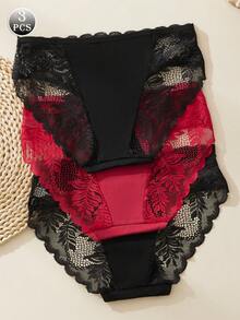 3pcs Classic Sexy Mid-Rise Panties, Seductive Lace Panties With Mesh Design, Black Panties, Red Panties, Floral Pattern, Romantic And Elegant Charm, Panty Sets, Sexy Lingerie, Fashionable Style - Multicolor - View 2