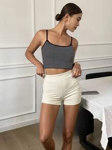 Livesso Damen Lässig einfarbige Shorts mit hoher Taille, Sommer - Weiss - Übersicht 5