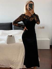 Livesso 女士蕾丝拼接美人鱼中长连衣裙，秋季长袖连衣裙 - 黑色 - 查看 2