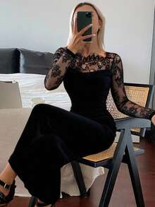 Livesso 女士蕾丝拼接美人鱼中长连衣裙，秋季长袖连衣裙 - 黑色 - 查看 1