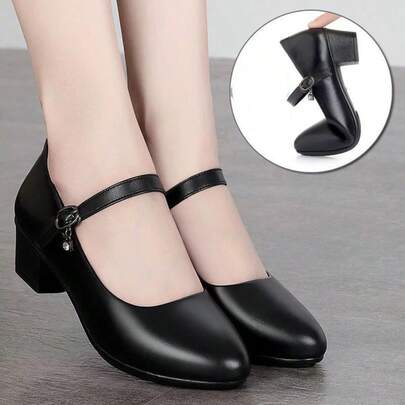 [Runs Half Size Larger] Women's Solid Color Chunky Heel Shoes, Fashion Pointed Toe Dress High Heels, Fashionable Buckle High Heels, Commuter Women's Shoes, Black Formal Work Shoes, Round Toe Chunky Heel Cheongsam Buckle Shoes