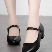 Zapatos de tacón grueso de unicolor para mujer, zapatos de vestir de tacón alto con punta puntiaguda de moda, zapatos de tacón alto con hebilla de moda, zapatos de mujer para ir al trabajo, zapatos formales negros para el trabajo, zapatos con hebilla de tacón grueso y punta redonda para cheongsam - Negro - Ver 3