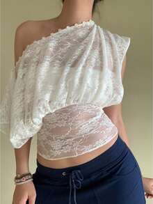 Women See Through Sheer Mesh Lace Top Multifunctional Button Drape Going Out Top Fashion Blouse Outfits - 白色 - 查看 1