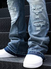 Jeans acampanados para hombres, jeans acampanados ajustados y desgastados, jeans apilados Y2K, jeans bordados con lavado de contraste, aptos para todas las estaciones - Azul - Ver 9