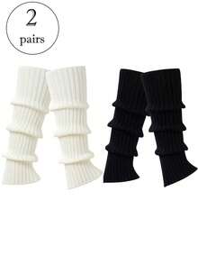 1 par negro/2 pares negro y blanco Calentadores de piernas cómodos y de moda para mujer con volantes, calentadores de piernas holgados para otoño e invierno - Negro - Ver 10