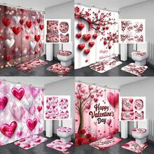 1pc/4pcs Romantic Valentine's Day Themed Shower Curtain Set, Includes Gnome, Heart, "Happy Valentine's Day", Plaid Background, "LOVE" Text Design Shower Curtain, Bath Mat, Toilet Seat Cover, 12 Hooks, Machine Washable, Artistic Design, Suitable For All Seasons, Valentine's Day Shower Curtain, Bathroom Decor - Multicolor - View 1