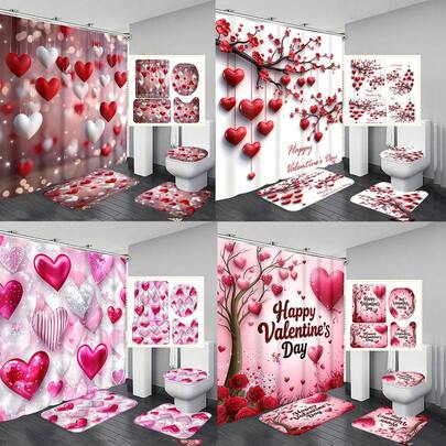 1件/4件套浪漫情人节主题浴帘套装，包含小矮人、爱心、“情人节快乐”字样、格子背景、“LOVE”文字设计的浴帘、浴垫、马桶垫、12个挂钩，可机洗，艺术设计，四季皆宜，情人节浴帘，浴室装饰