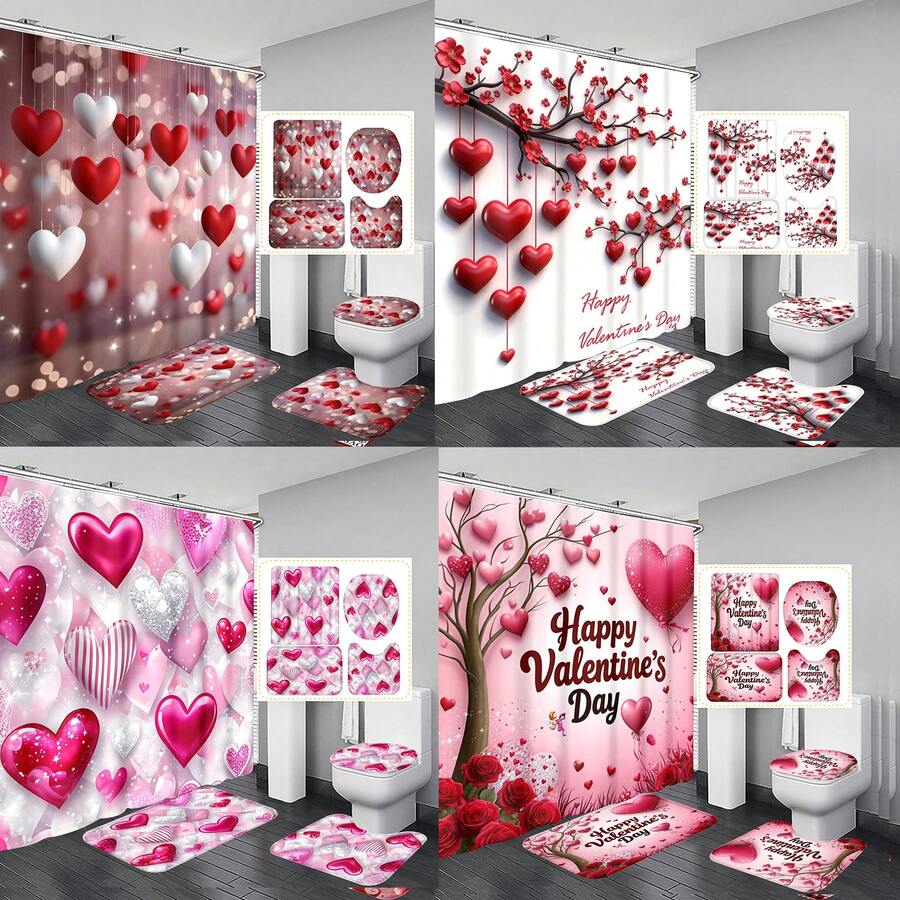 1pc/4pcs Romantic Valentine's Day Themed Shower Curtain Set, Includes Gnome, Heart, "Happy Valentine's Day", Plaid Background, "LOVE" Text Design Shower Curtain, Bath Mat, Toilet Seat Cover, 12 Hooks, Machine Washable, Artistic Design, Suitable For All Seasons, Valentine's Day Shower Curtain, Bathroom Decor - Multicolor - View 1