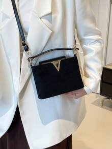 Fashionable Mini Solid Color Minimalist Metal Lock Decor PU Fabric Multipurpose Handbag - Black - View 8