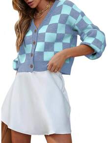 Women's Checkered Button Down Long Sleeve Knit Cropped Cardigan Sweater Tops, Style - Sky Blue - View 1