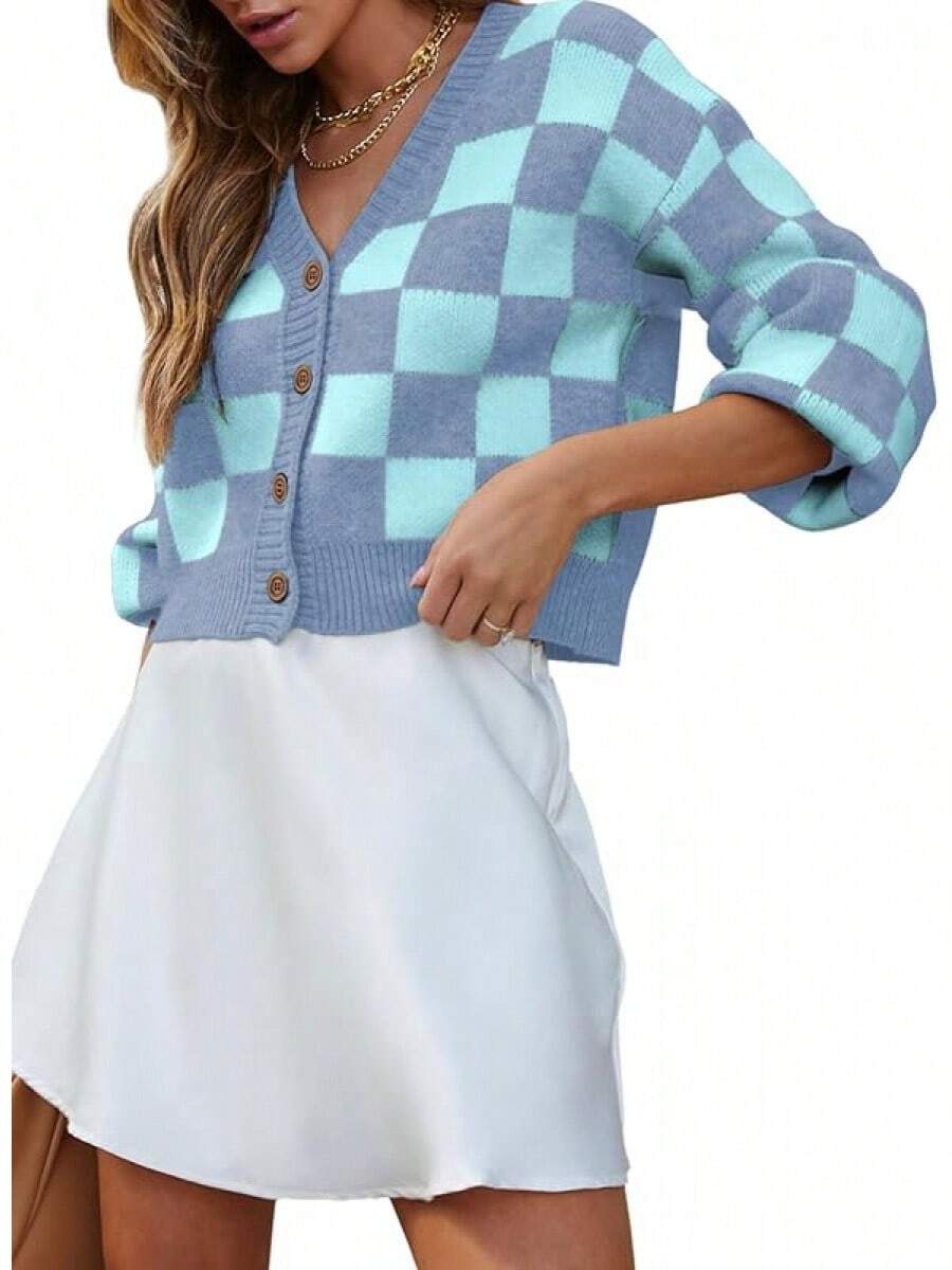 Women's Checkered Button Down Long Sleeve Knit Cropped Cardigan Sweater Tops, Style - Sky Blue - View 1