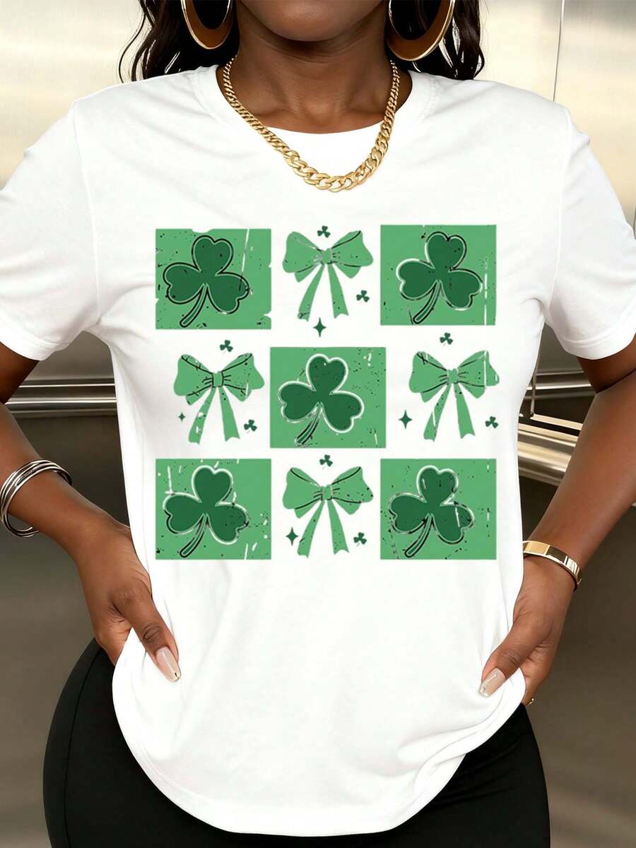 Women Green Clover And Bow Print T Shirt St Patrick's Day Celebration - trắng - Xem 1