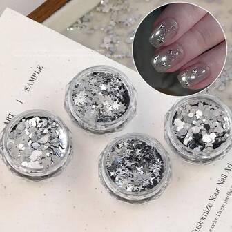 Lantejoulas de Estrela de Prata, Acessórios de Unhas com Lantejoulas de Prata, Redondas, Estrelas de Cinco Pontas, Lantejoulas de Glitter em Forma de Coração para Unhas, Acessórios Decorativos de Lantejoulas, Pó de Jóias de Lantejoulas para Unhas, Acessórios de Glitter para Unhas, Decoração de Unhas DIY, Acessórios de Pó Metálico Y2K para Unhas, Para Decoração de Arte de Unhas, Brilho Multicor para Arte e Decoração de Unhas, Adequado para Arte de Unhas e Design Artesanal Adequado para o Dia a Dia e Festivais